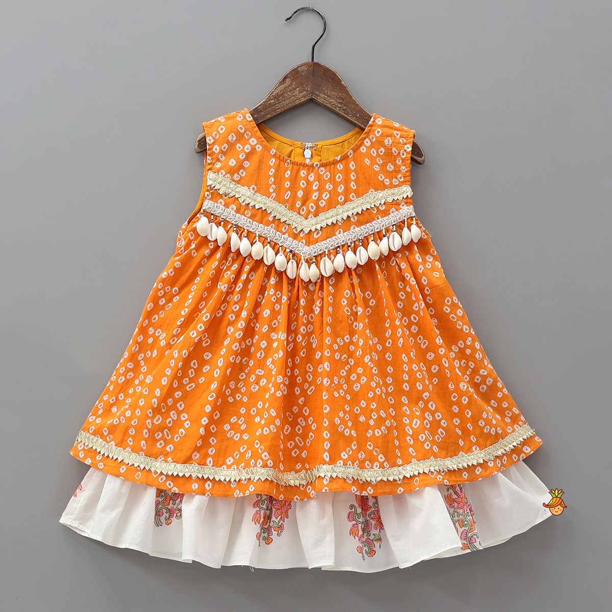 Pre Order: Bandhani Floral Printed Layered Kurti With Tiered Style Sharara And Dupatta