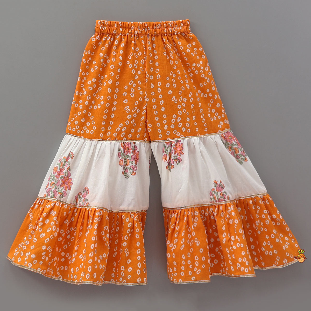 Pre Order: Bandhani Floral Printed Layered Kurti With Tiered Style Sharara And Dupatta