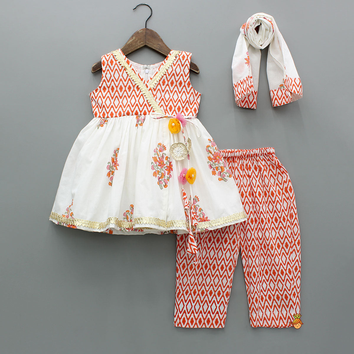 Pre Order: Printed Gota Lace Work Kurti With Pant And Matching Dupatta
