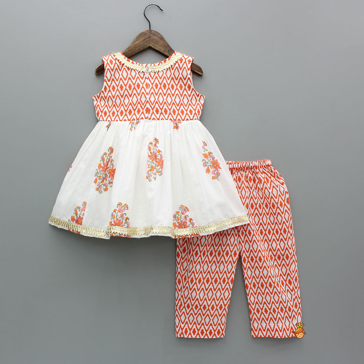 Pre Order: Printed Gota Lace Work Kurti With Pant And Matching Dupatta