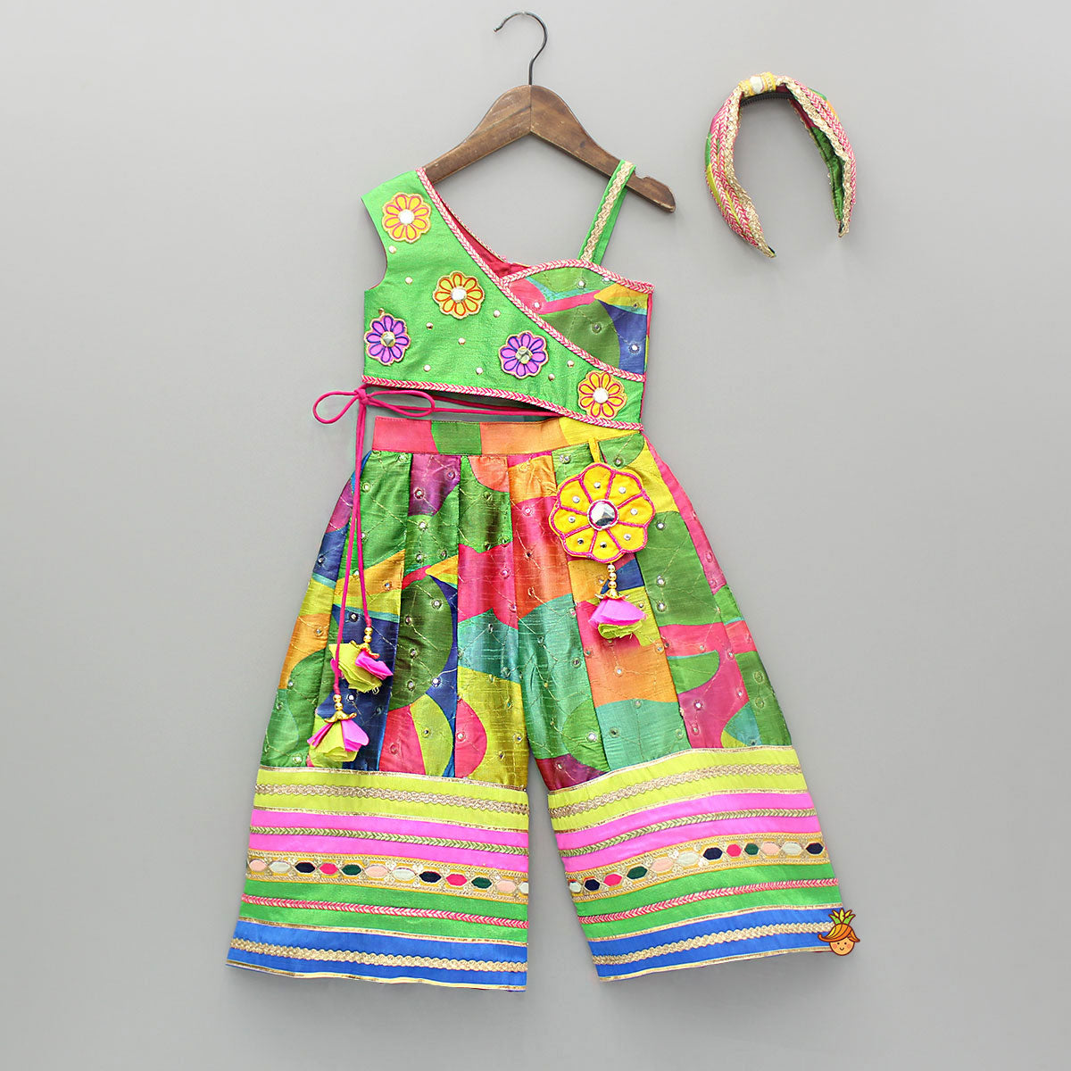 Pre Order: One Shoulder Printed Embroidered Multicoloured Jumpsuit With Hairband