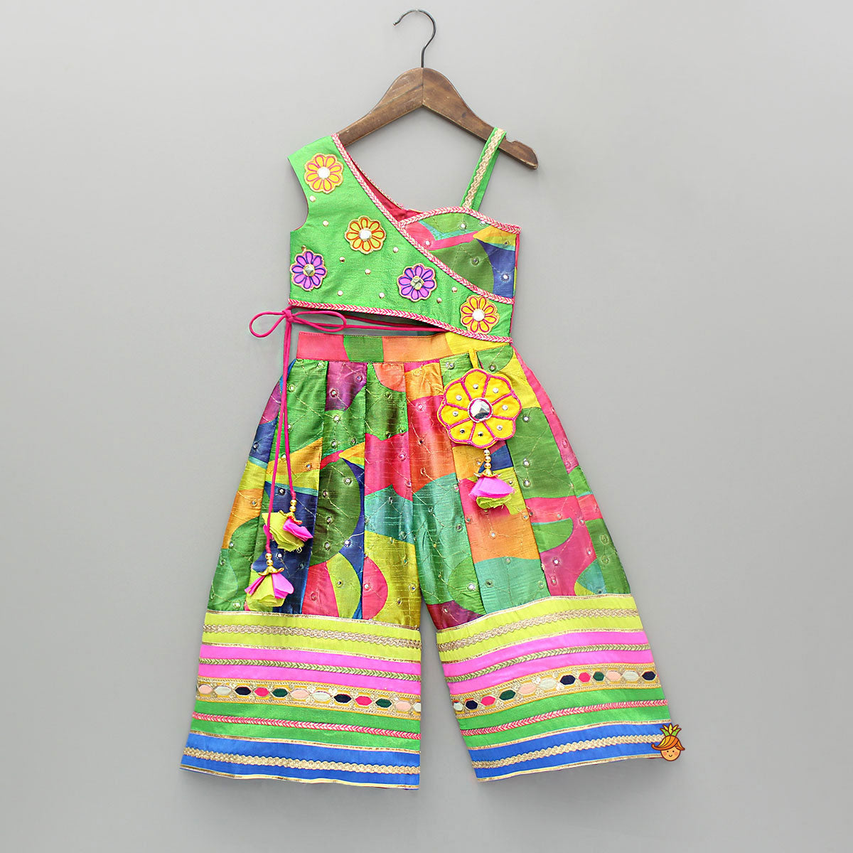 Pre Order: One Shoulder Printed Embroidered Multicoloured Jumpsuit With Hairband