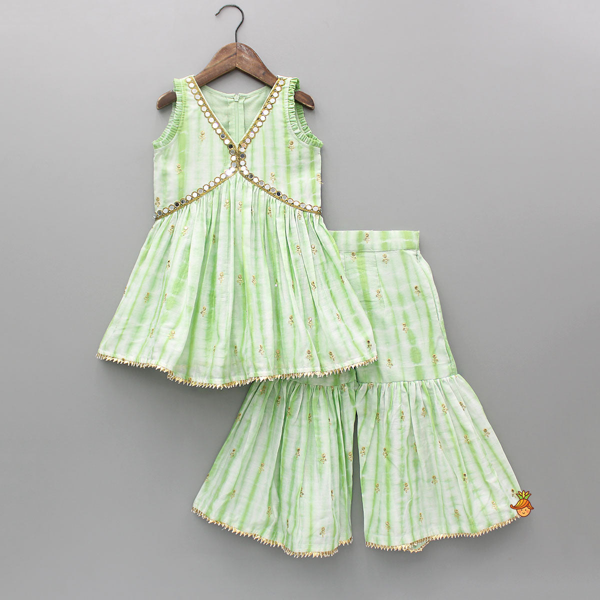 Pre Order: Green Printed Embroidered Kurti With Sharara