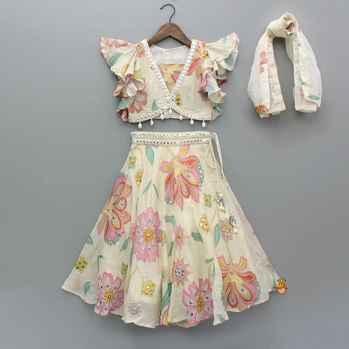 Pre Order: Multicolour Floral Printed And Embroidered Ivory Top With Matching Lehenga And Dupatta