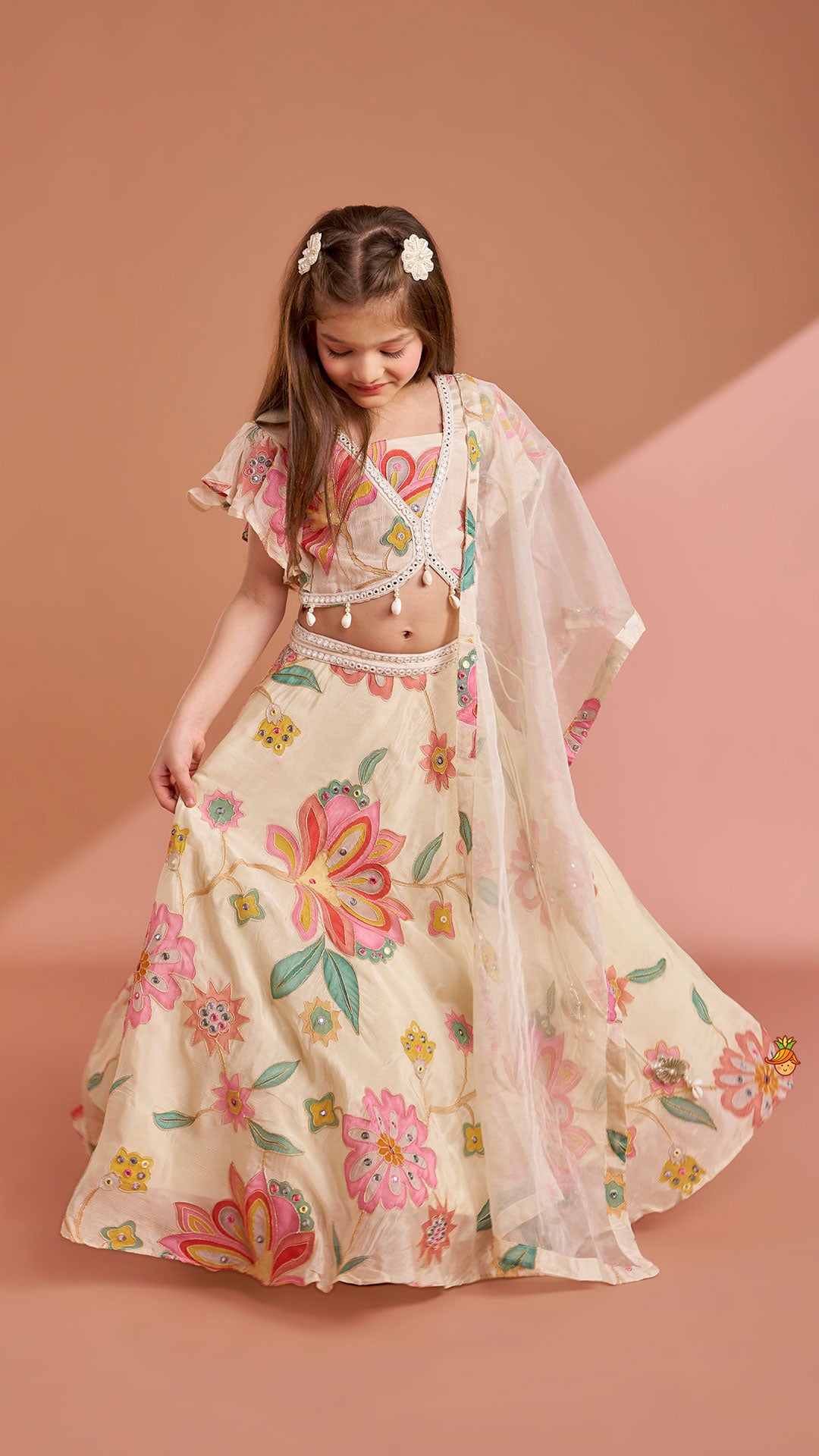 Pre Order: Multicolour Floral Printed And Embroidered Ivory Top With Matching Lehenga And Dupatta