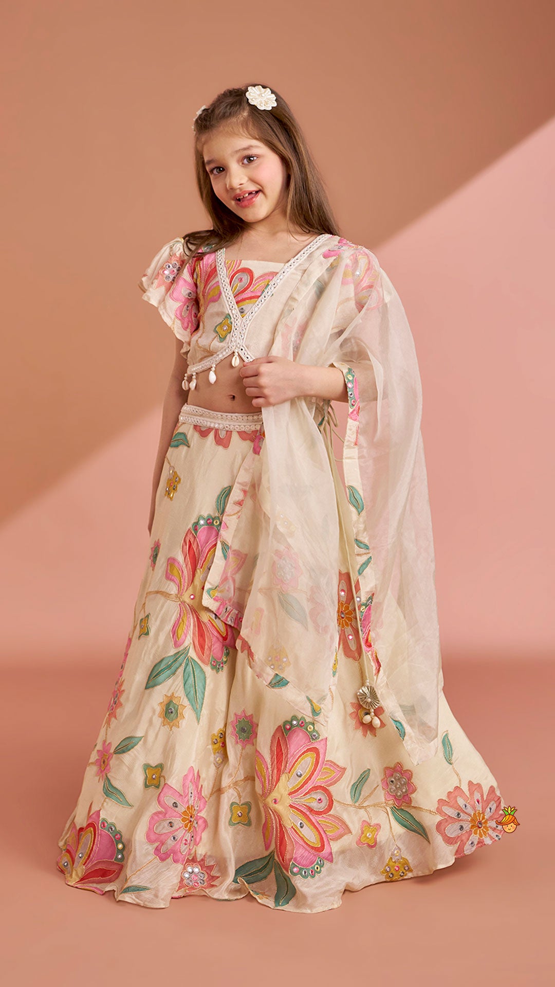 Pre Order: Multicolour Floral Printed And Embroidered Ivory Top With Matching Lehenga And Dupatta