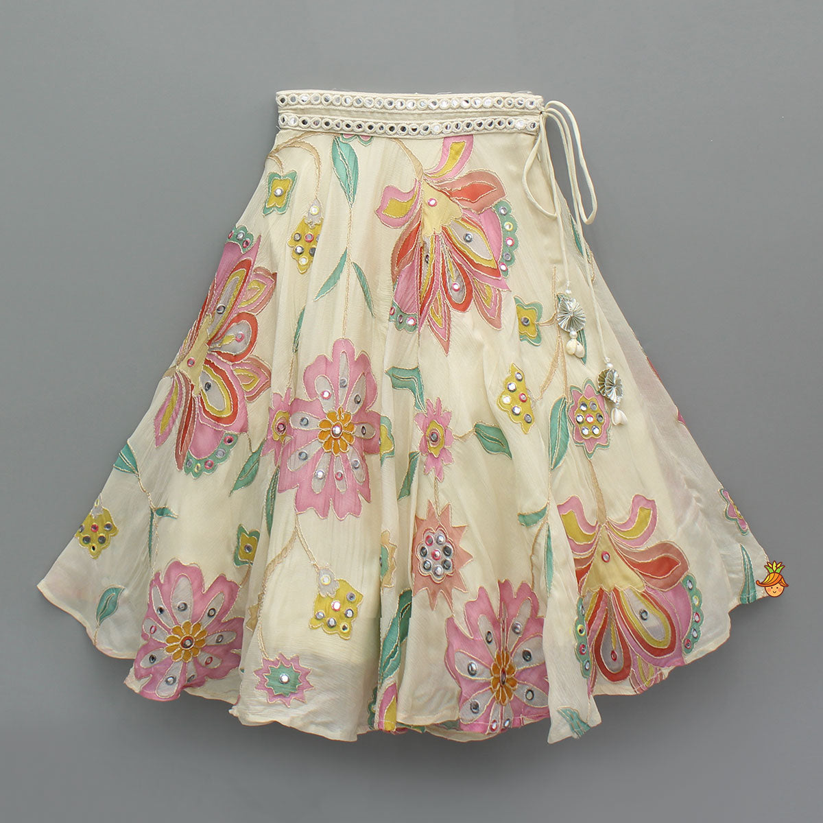 Pre Order: Multicolour Floral Printed And Embroidered Ivory Top With Matching Lehenga And Dupatta