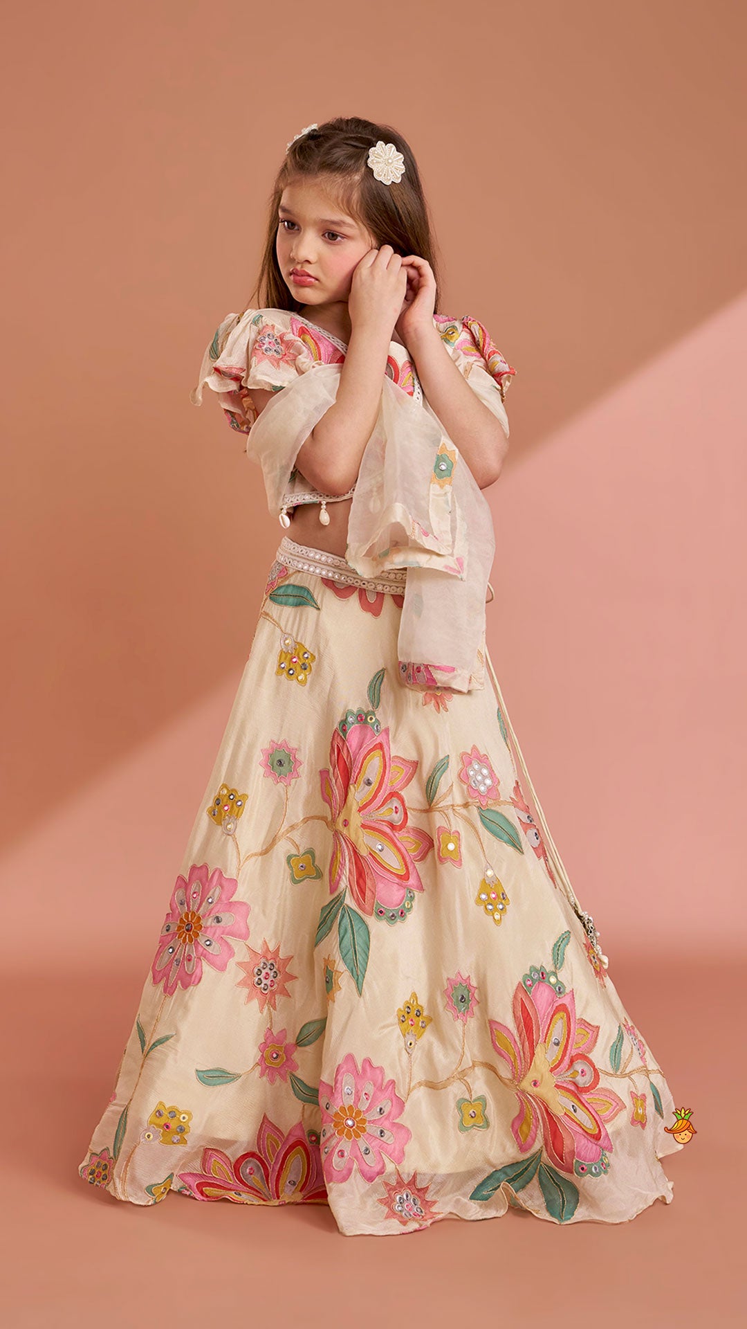 Pre Order: Multicolour Floral Printed And Embroidered Ivory Top With Matching Lehenga And Dupatta