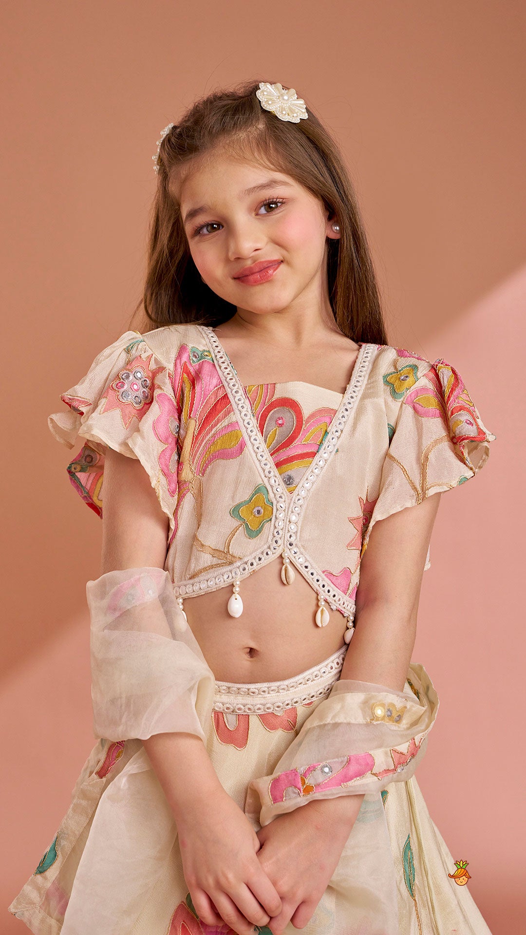 Pre Order: Multicolour Floral Printed And Embroidered Ivory Top With Matching Lehenga And Dupatta