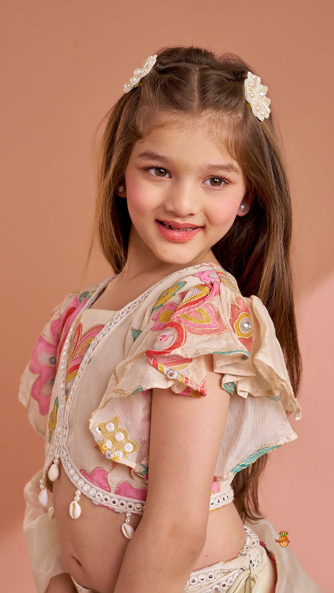 Pre Order: Multicolour Floral Printed And Embroidered Ivory Top With Matching Lehenga And Dupatta