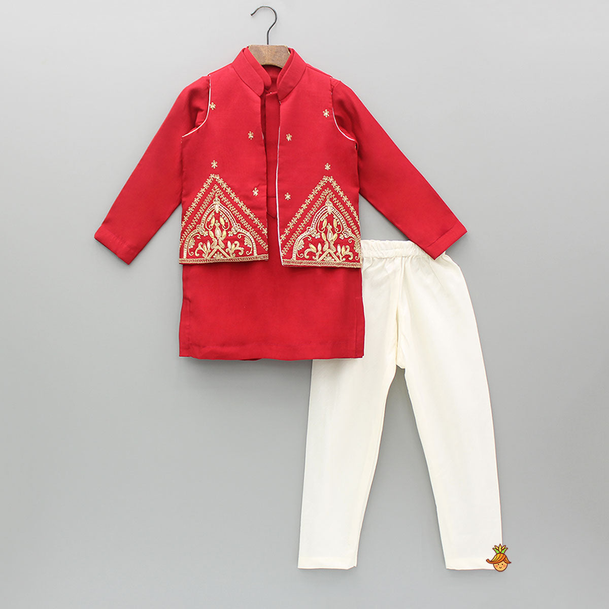 Pre Order: Red Kurta With Front Open Embroidered Jacket And Churidar
