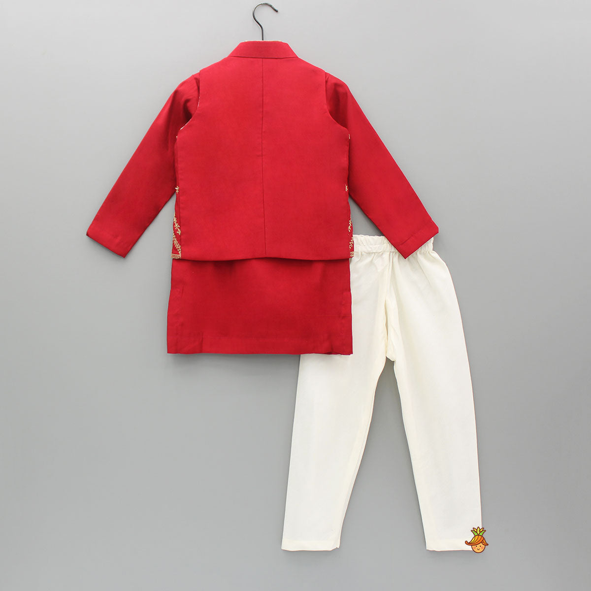 Pre Order: Red Kurta With Front Open Embroidered Jacket And Churidar