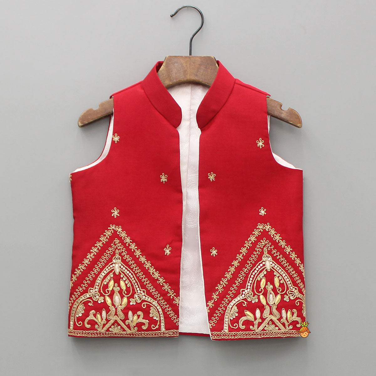 Pre Order: Red Kurta With Front Open Embroidered Jacket And Churidar