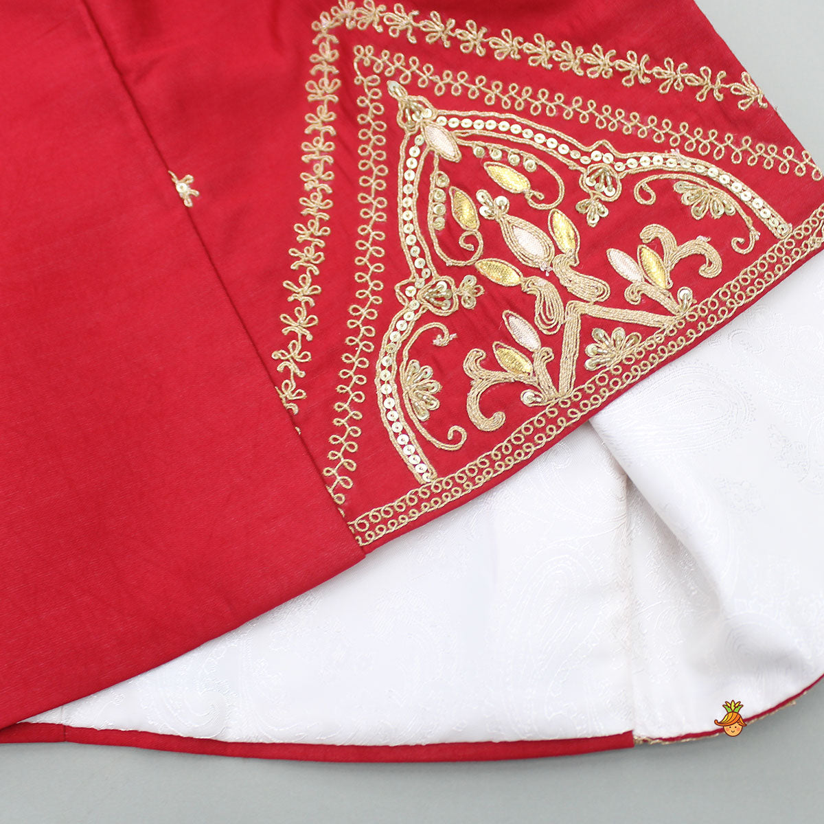 Pre Order: Red Kurta With Front Open Embroidered Jacket And Churidar