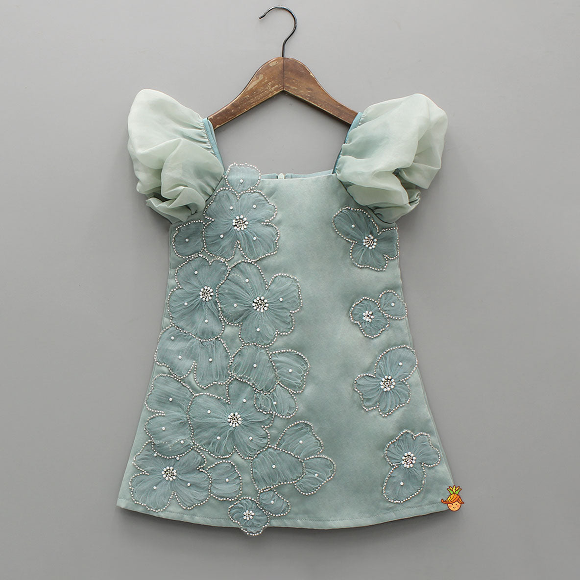 Pre Order: Artificial Flowers Embellished Teal Shimmer Dress