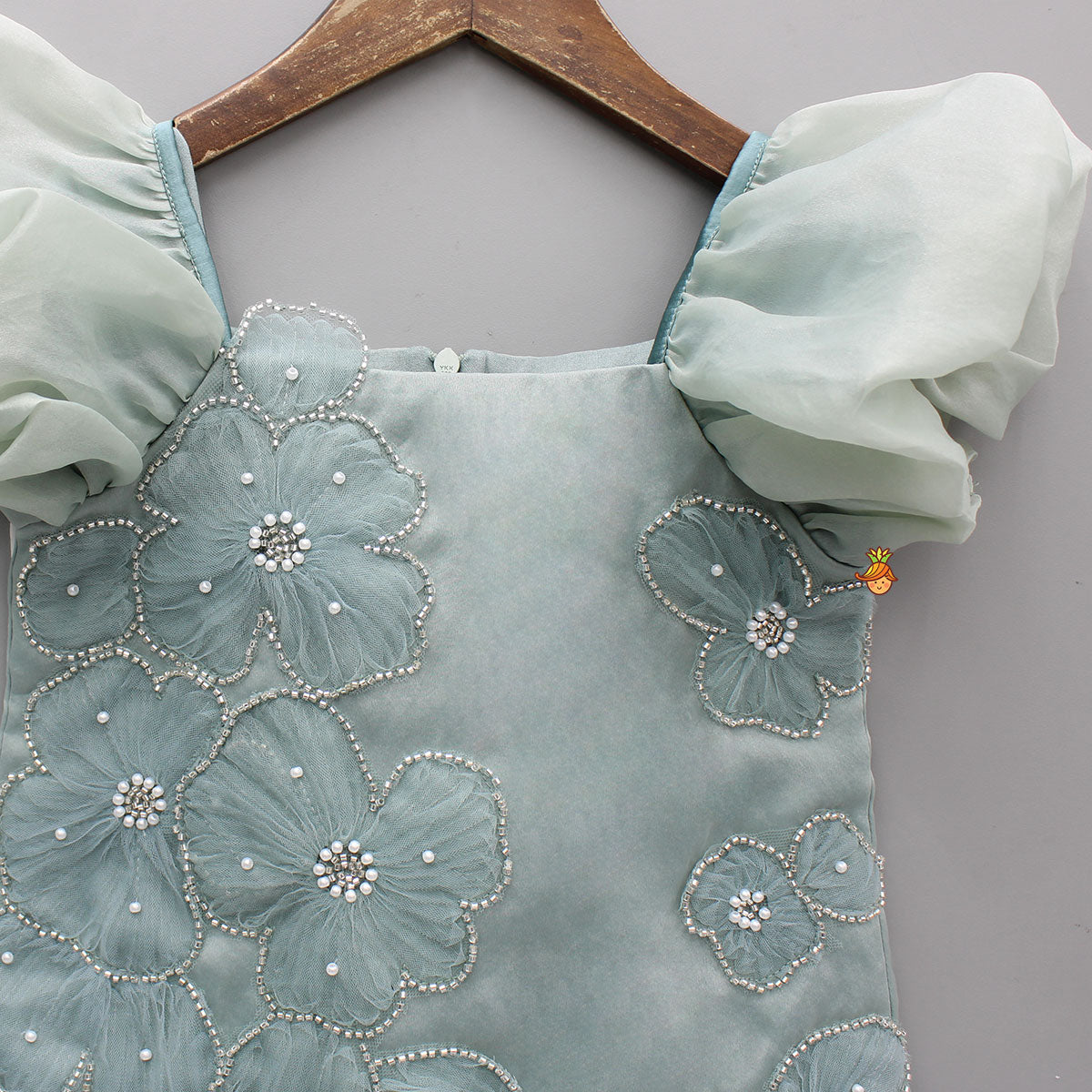 Pre Order: Artificial Flowers Embellished Teal Shimmer Dress