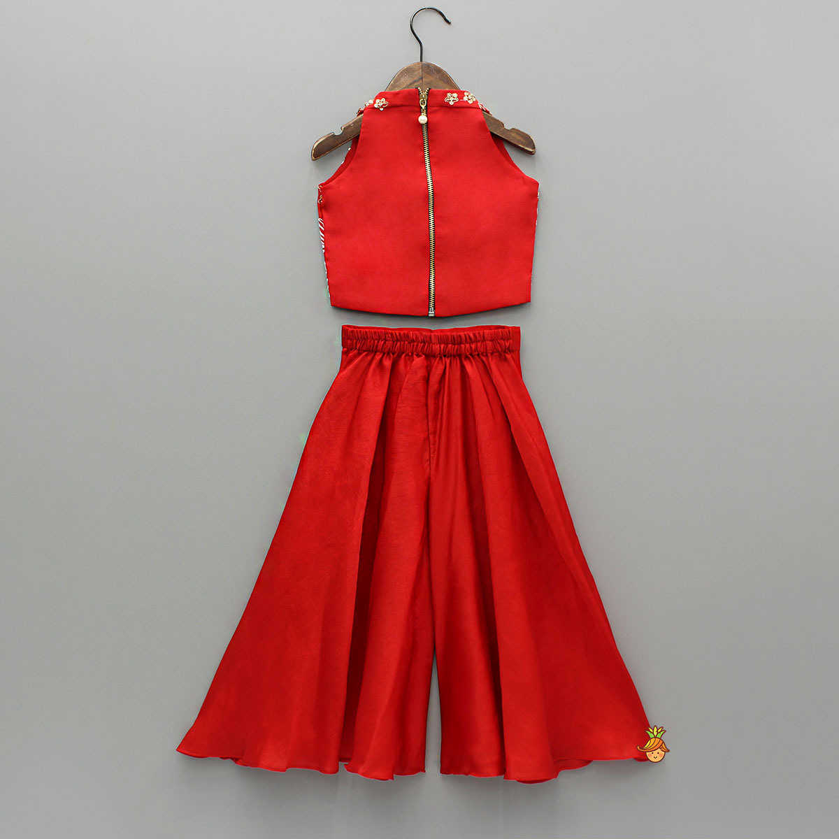 Pre Order: Red Embroidred Halter Neck Top With Flared Palazzo