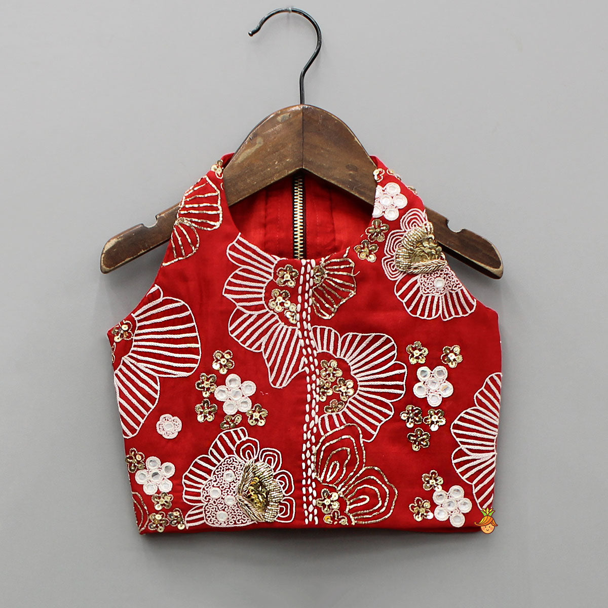 Pre Order: Red Embroidred Halter Neck Top With Flared Palazzo