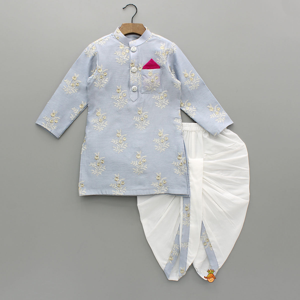 Pre Order: Zari Thread Embroidered Grey Kurta With Dhoti