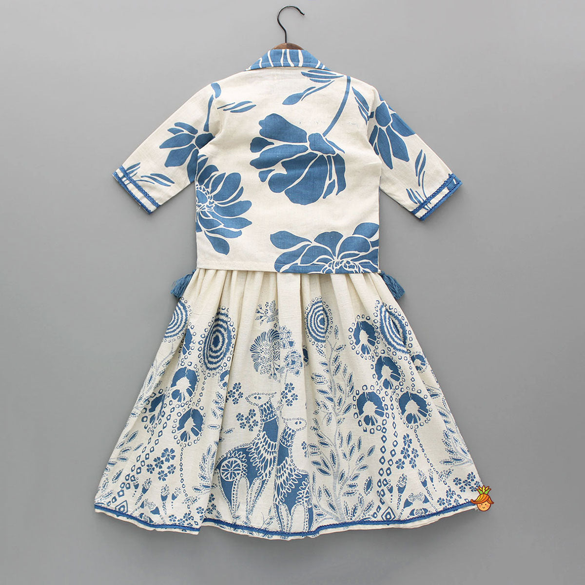 Pre Order: Blue Printed Flared Kurti And Front Open Collar Jacket