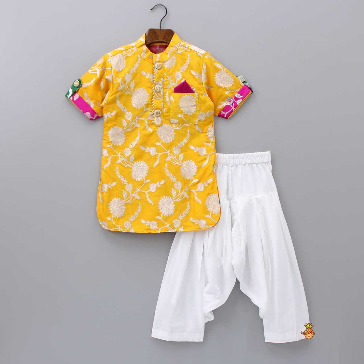 Pre Order: Upturned Sleeves Yellow Floral Brocade Kurta With Patiala