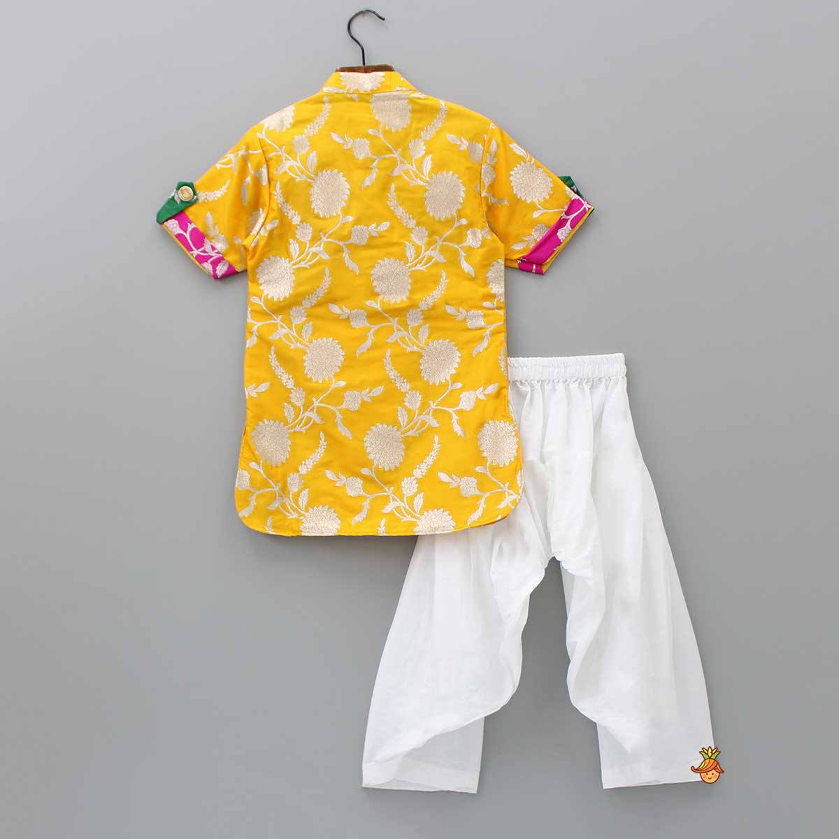 Pre Order: Upturned Sleeves Yellow Floral Brocade Kurta With Patiala