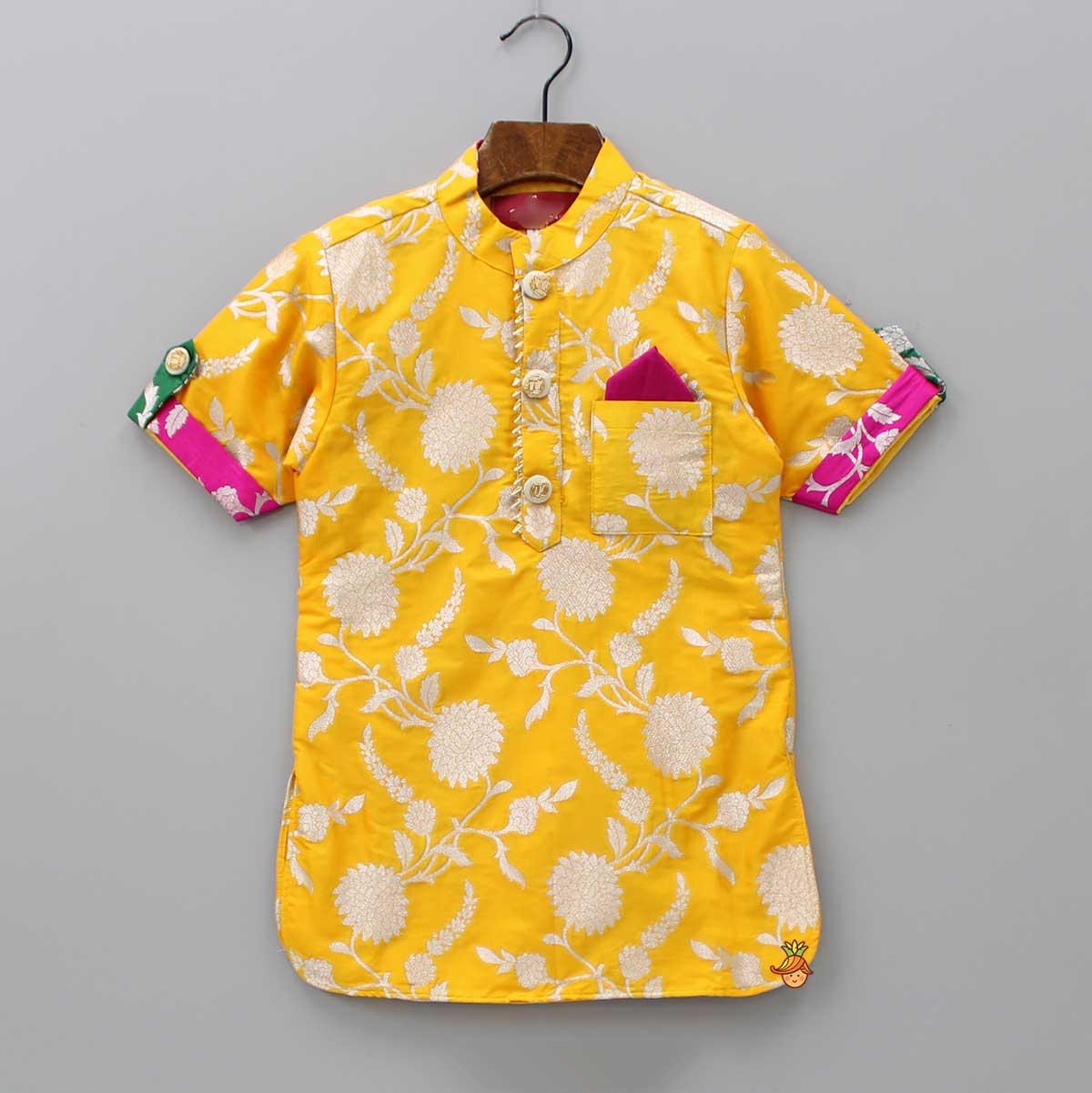 Pre Order: Upturned Sleeves Yellow Floral Brocade Kurta With Patiala