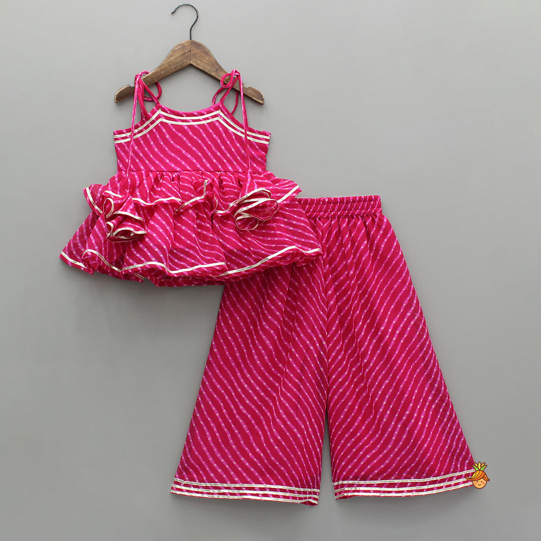 Pre Order: Leheriya Printed Pink Tie Up Straps Kurti And Flared Palazzo
