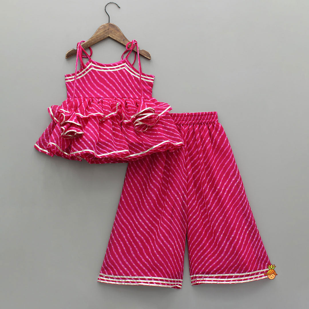 Pre Order: Leheriya Printed Pink Tie Up Straps Kurti And Flared Palazzo