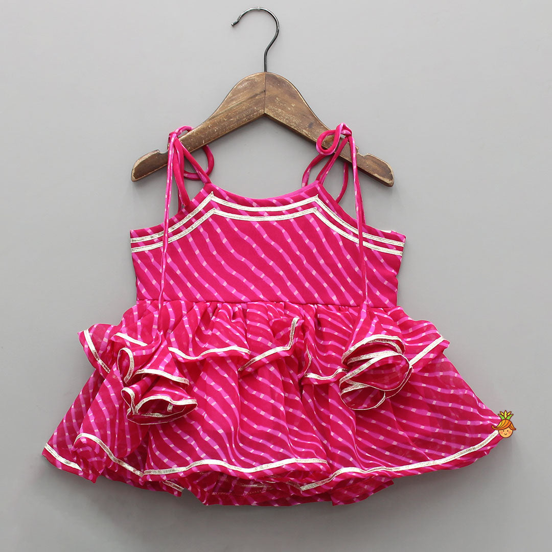 Pre Order: Leheriya Printed Pink Tie Up Straps Kurti And Flared Palazzo
