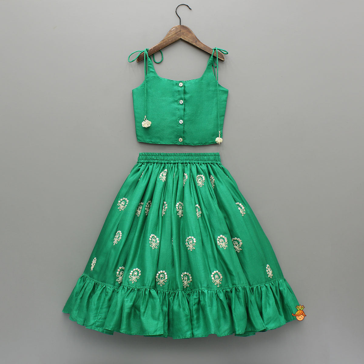 Pre Order: Green Dori Embroidered Strappy Top And Stylish Layered Lehenga