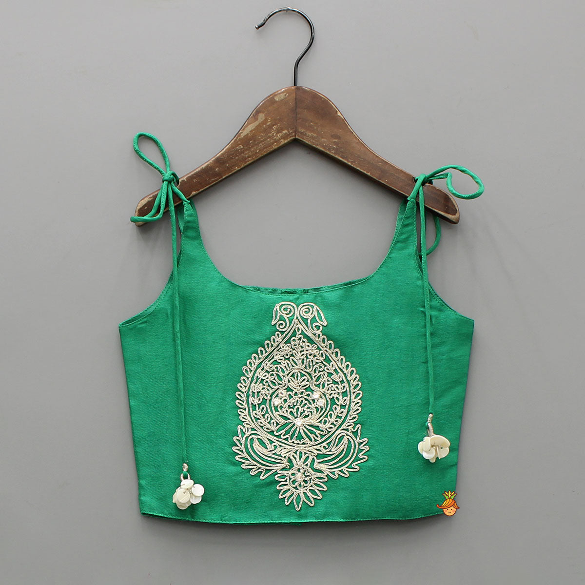 Pre Order: Green Dori Embroidered Strappy Top And Stylish Layered Lehenga