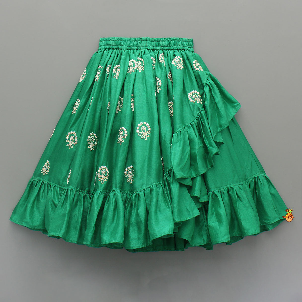 Pre Order: Green Dori Embroidered Strappy Top And Stylish Layered Lehenga