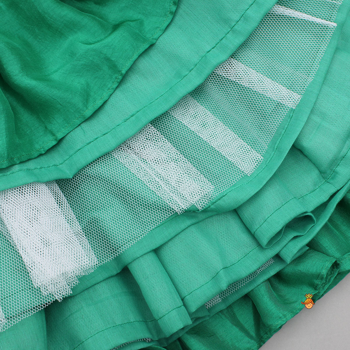 Pre Order: Green Dori Embroidered Strappy Top And Stylish Layered Lehenga