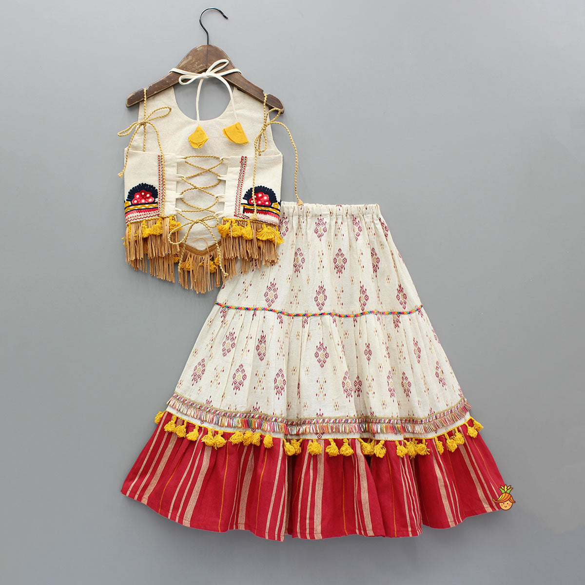 Multicolour Thread Embroidered Halter Neck Top And Lehenga