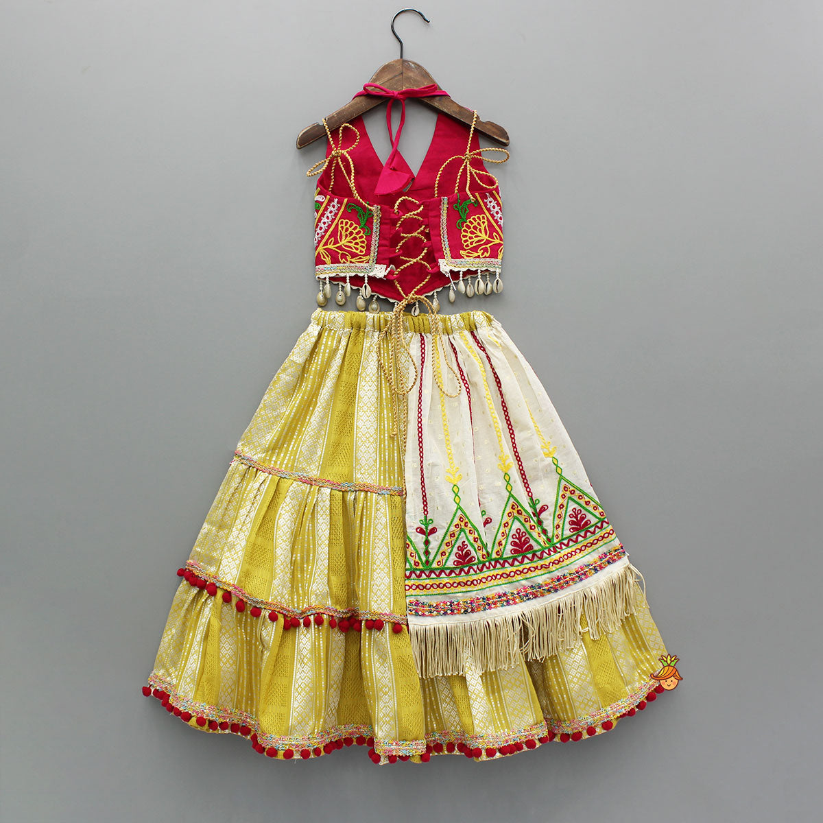 Multicoloured Thread Embroidered Halter Neck Top With Flap Lehenga