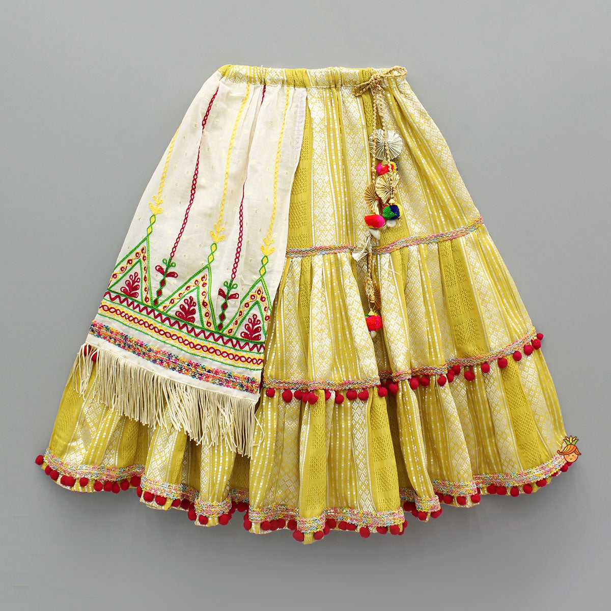 Multicoloured Thread Embroidered Halter Neck Top With Flap Lehenga