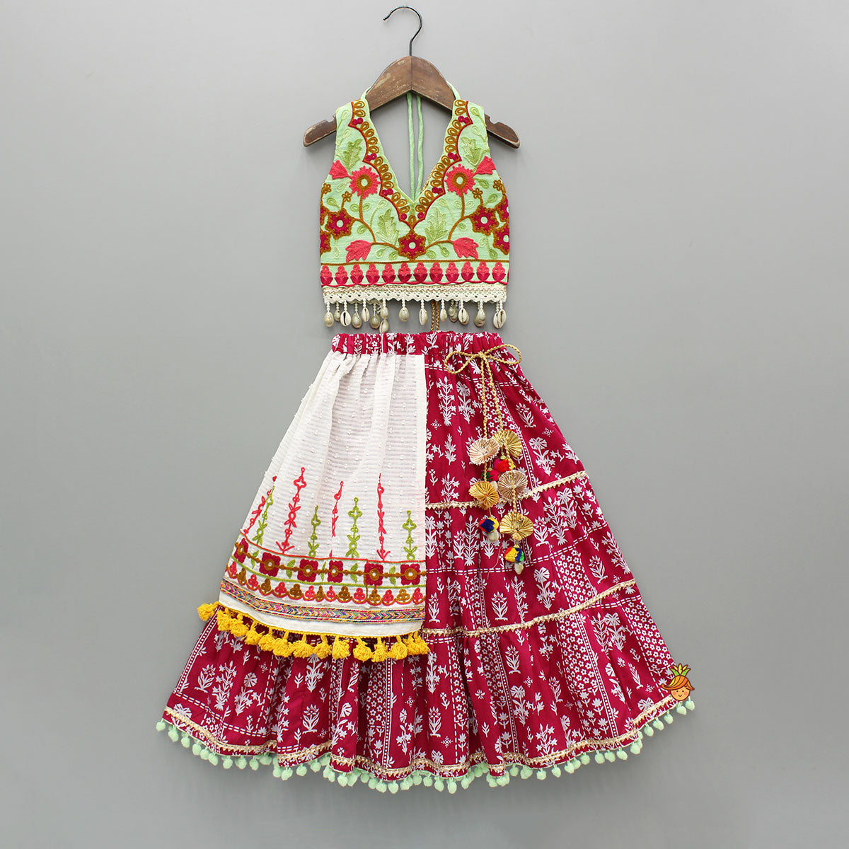 Multicolour Thread Embroidered Top And Printed Lehenga