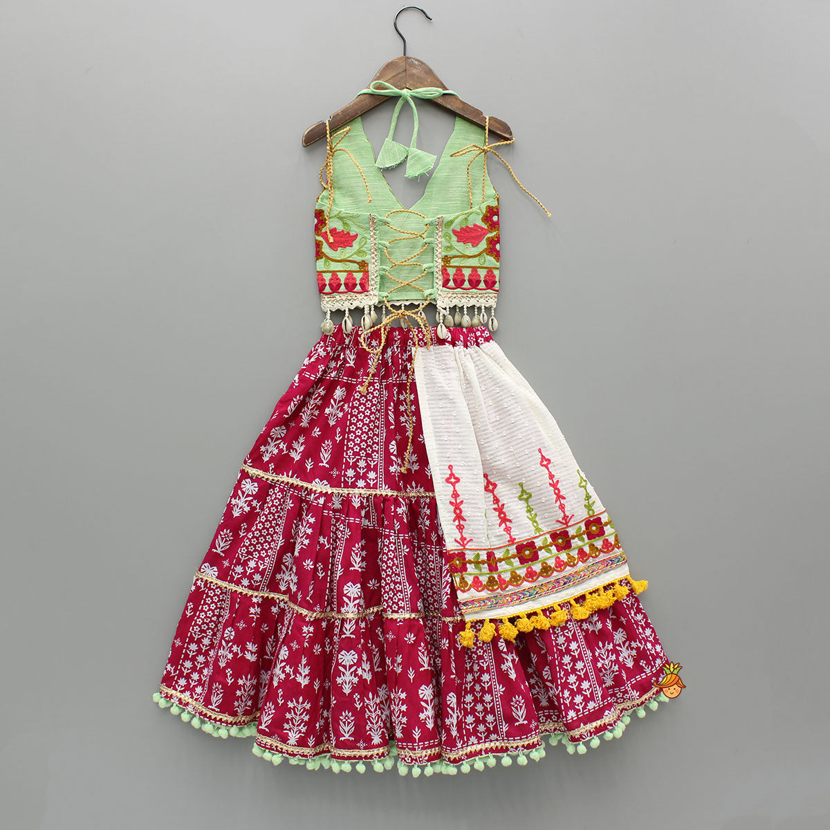 Multicolour Thread Embroidered Top And Printed Lehenga