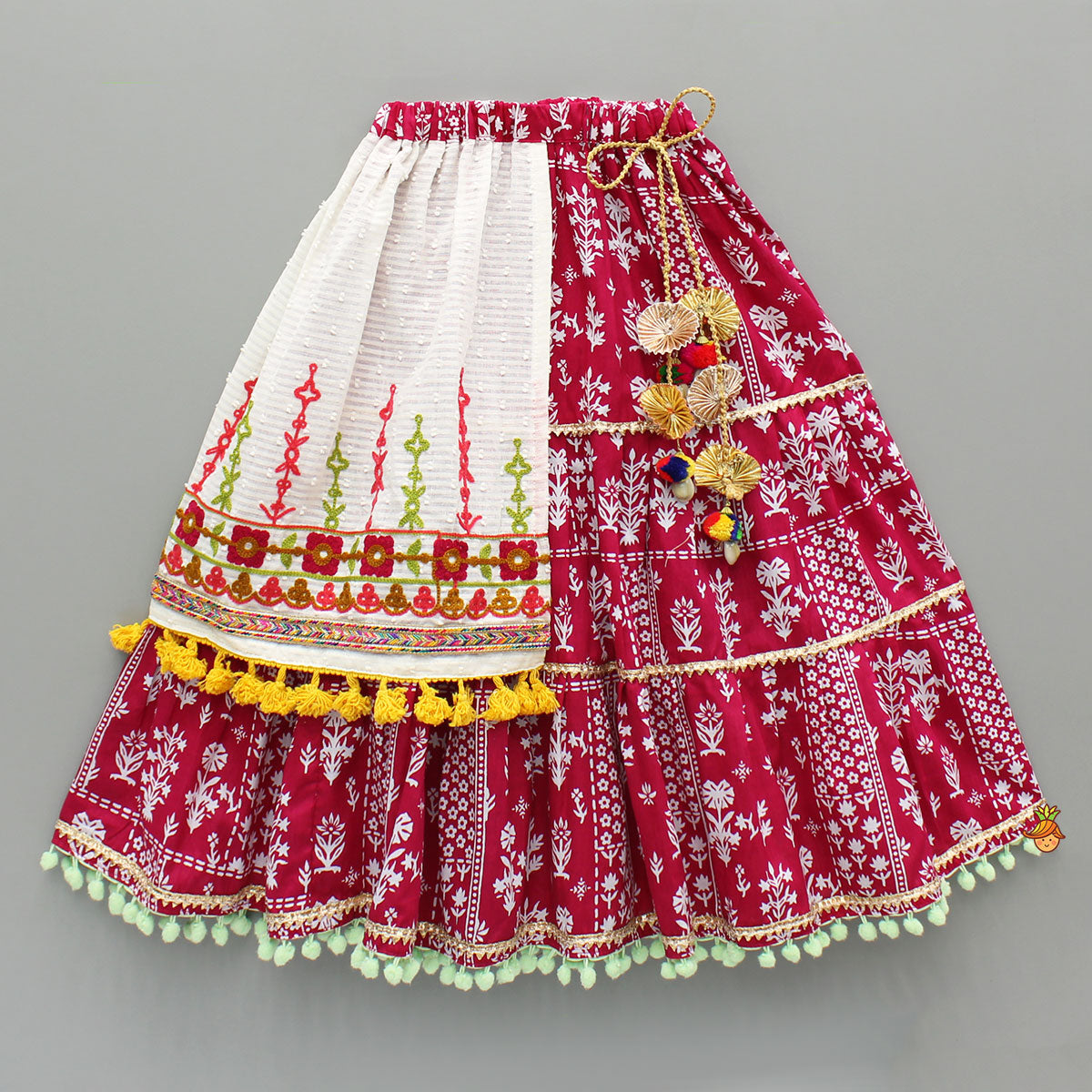 Multicolour Thread Embroidered Top And Printed Lehenga