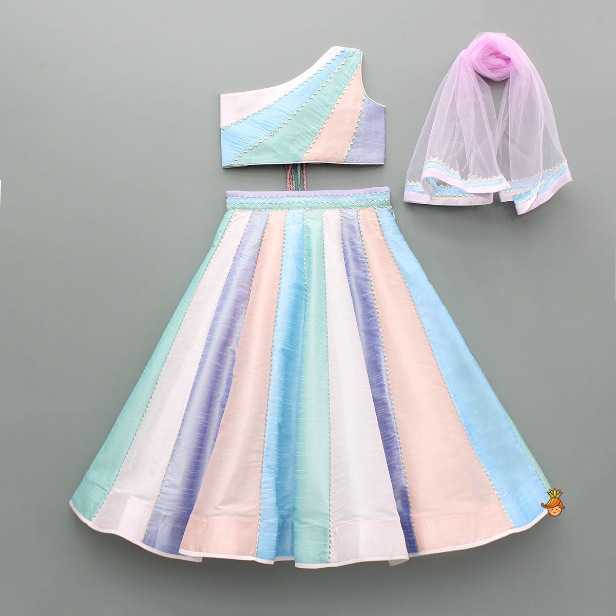 Pre Order: Colour Blocked Multicoloured Top With Lehenga And Dupatta