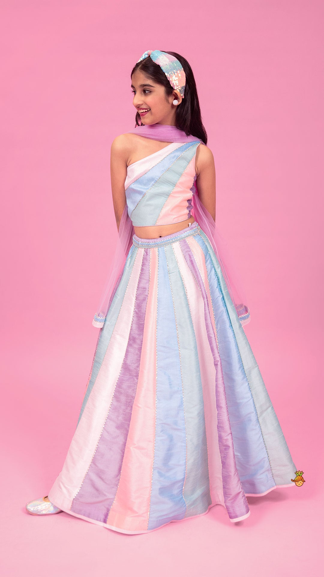 Pre Order: Colour Blocked Multicoloured Top With Lehenga And Dupatta