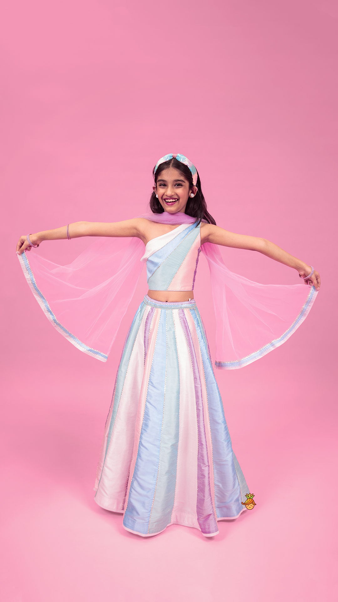 Pre Order: Colour Blocked Multicoloured Top With Lehenga And Dupatta