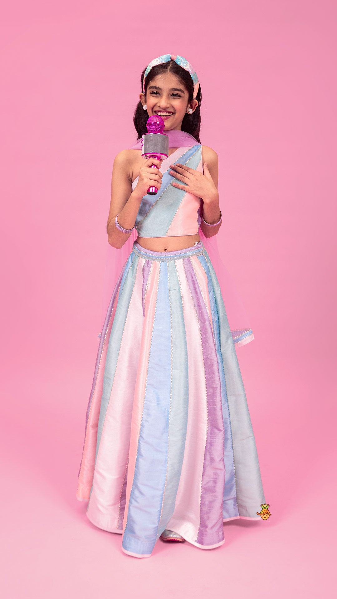 Pre Order: Colour Blocked Multicoloured Top With Lehenga And Dupatta