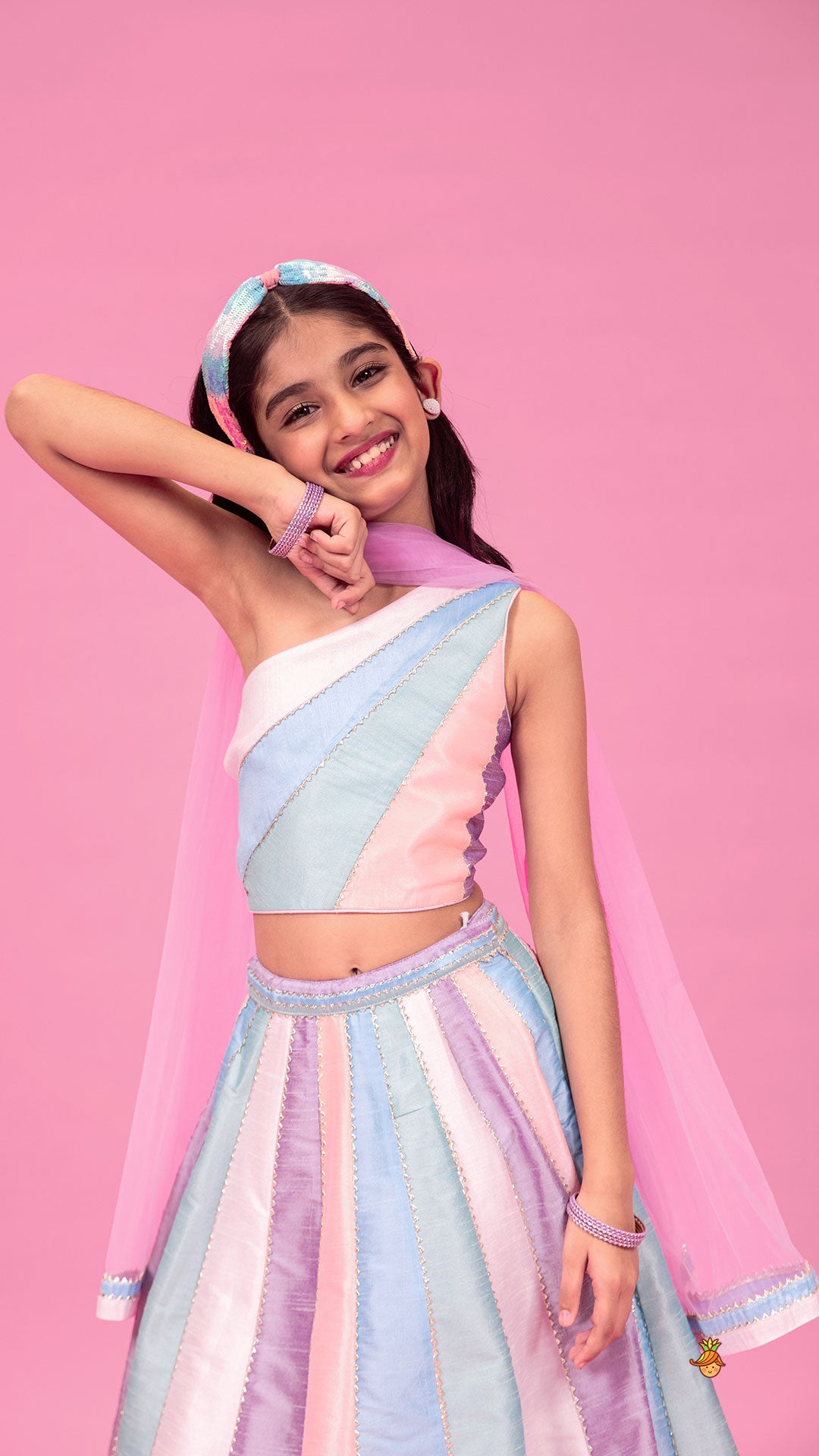 Pre Order: Colour Blocked Multicoloured Top With Lehenga And Dupatta