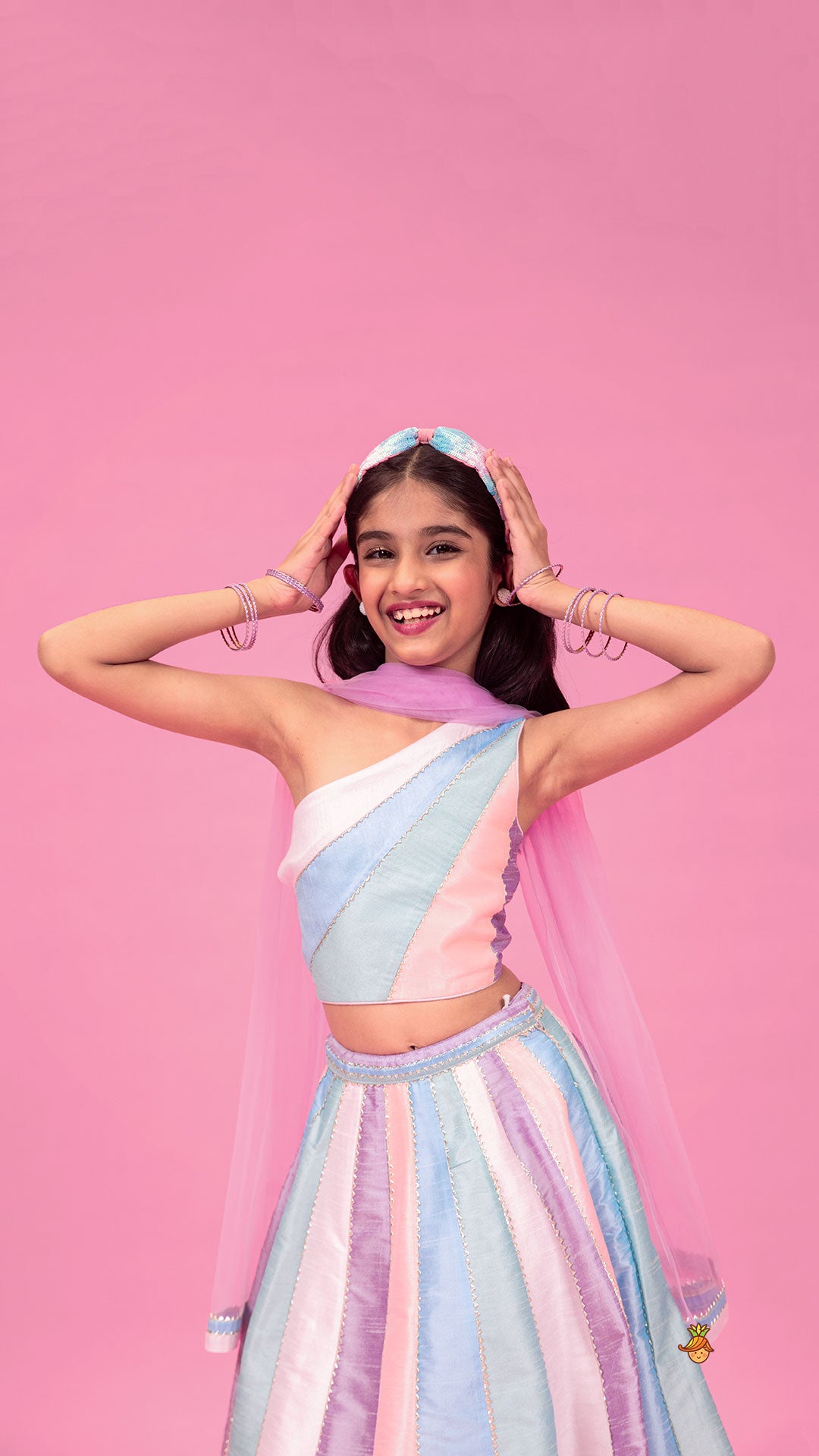 Pre Order: Colour Blocked Multicoloured Top With Lehenga And Dupatta