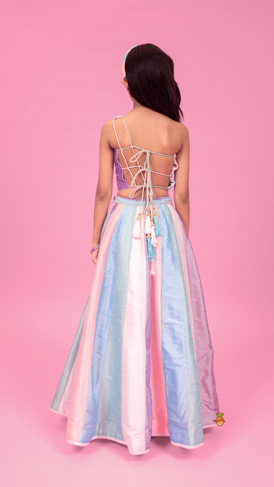 Pre Order: Colour Blocked Multicoloured Top With Lehenga And Dupatta
