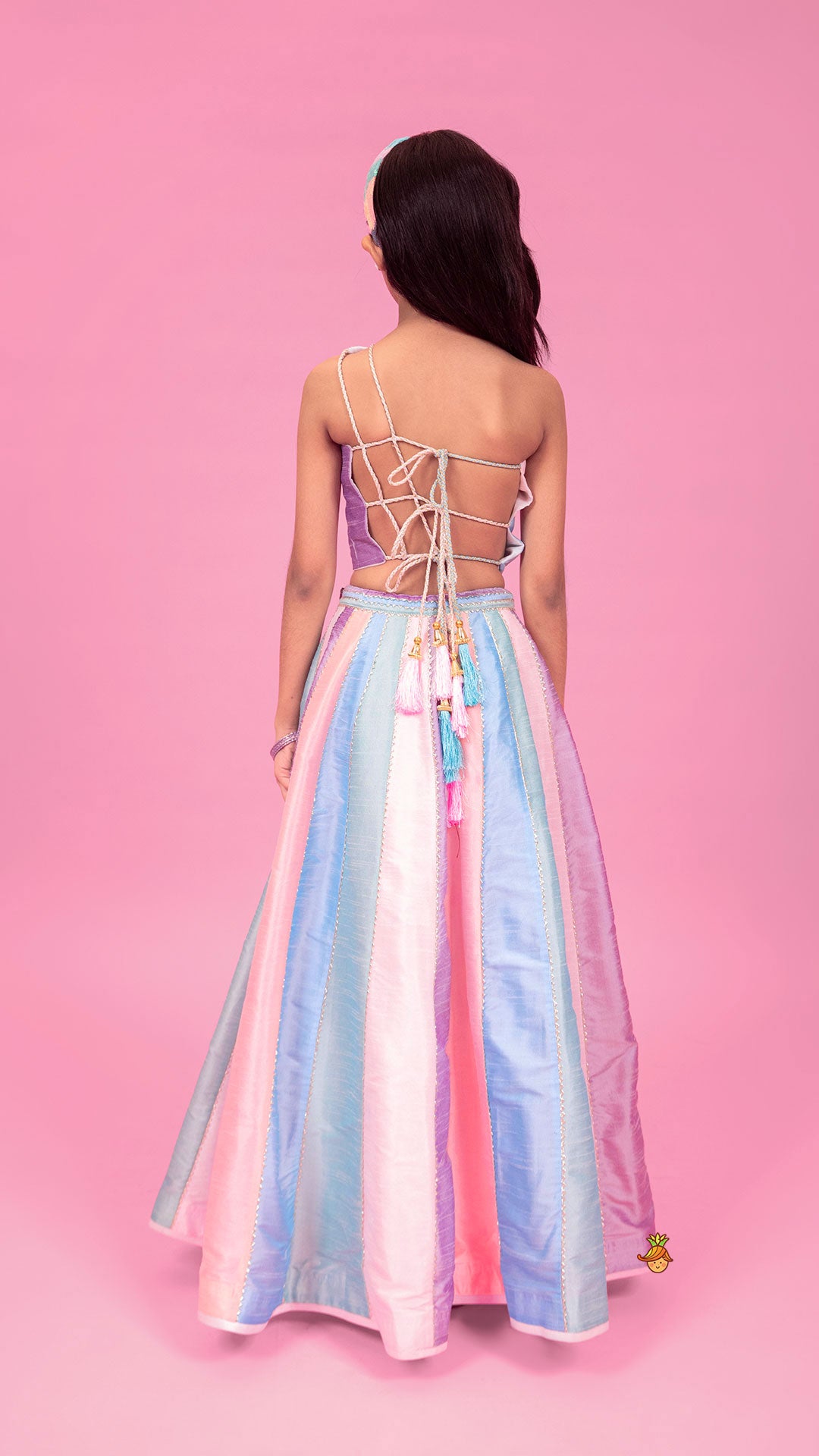 Pre Order: Colour Blocked Multicoloured Top With Lehenga And Dupatta