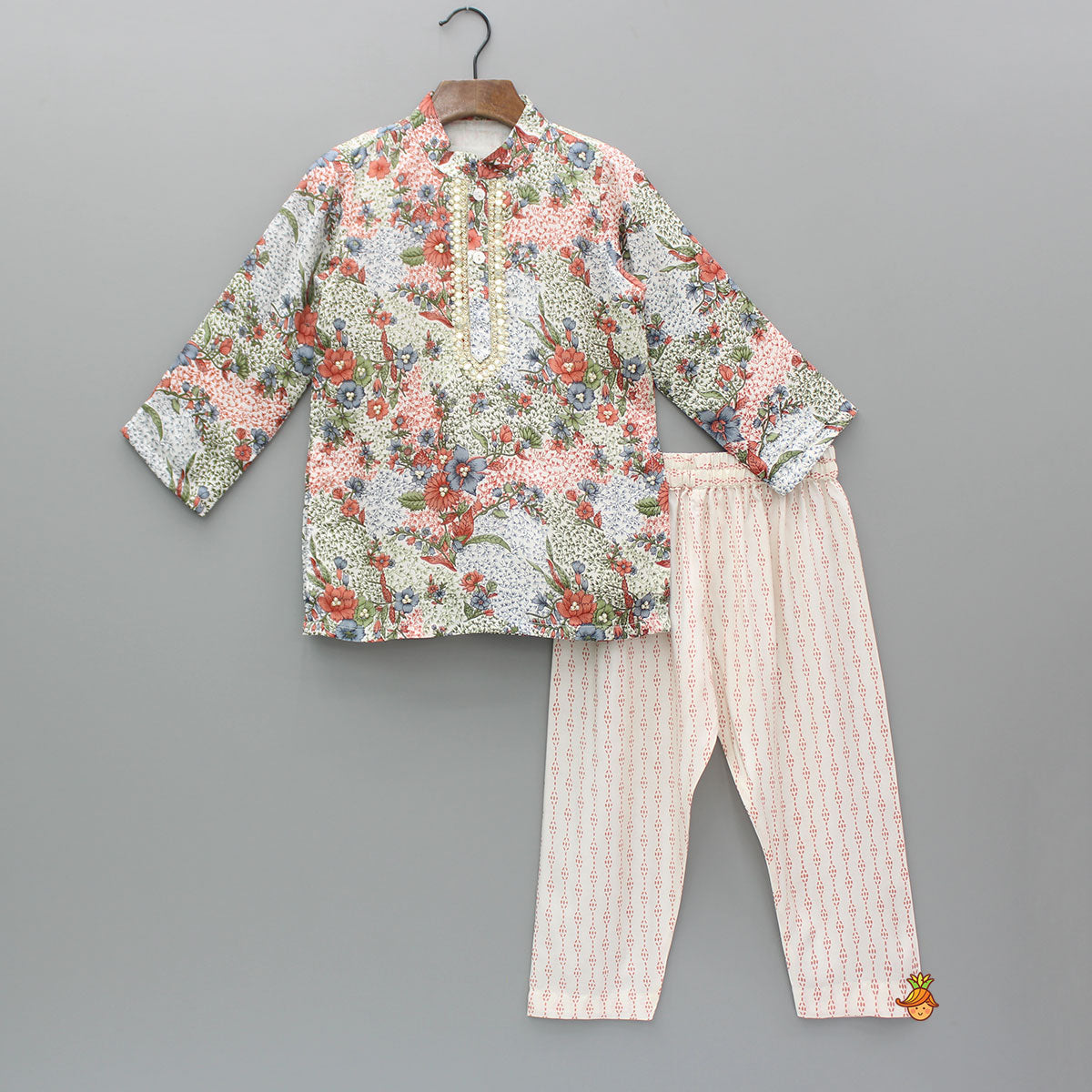 Pre Order: Multicolour Printed Hand Embroidered Kurta And Pyjama