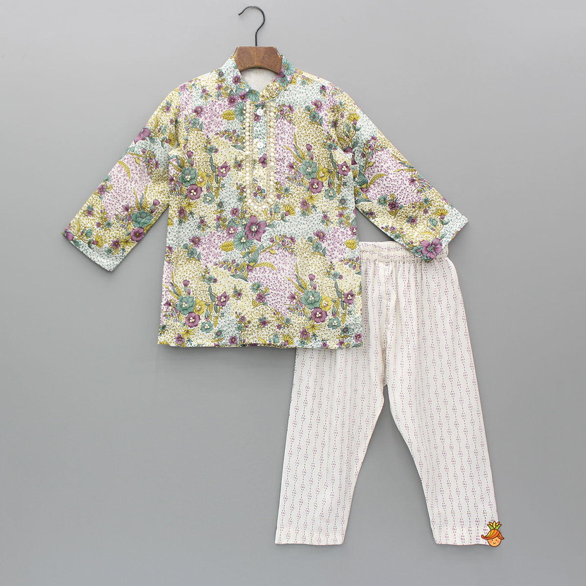 Pre Order: Hand Embroidered Multicolour Printed Kurta And Pyjama